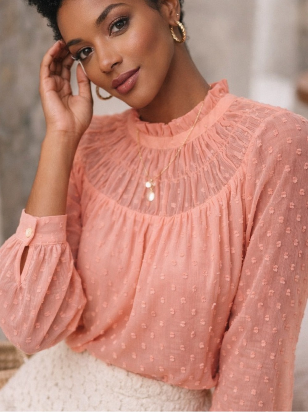 J.Crew Swiss Dot Ruffle Neck Blouse Medium Peach Sheer Long Sleeve Top